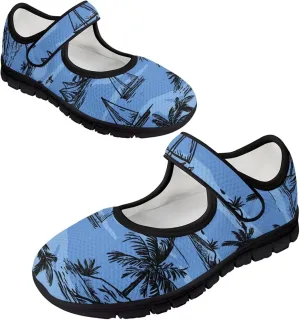 Howilath Hawaiian Tree Print Dress Shoes for Women Mary Jane Sneakers Casual Flats Shoes Ballet Flats Shoes with Magic Sticker
