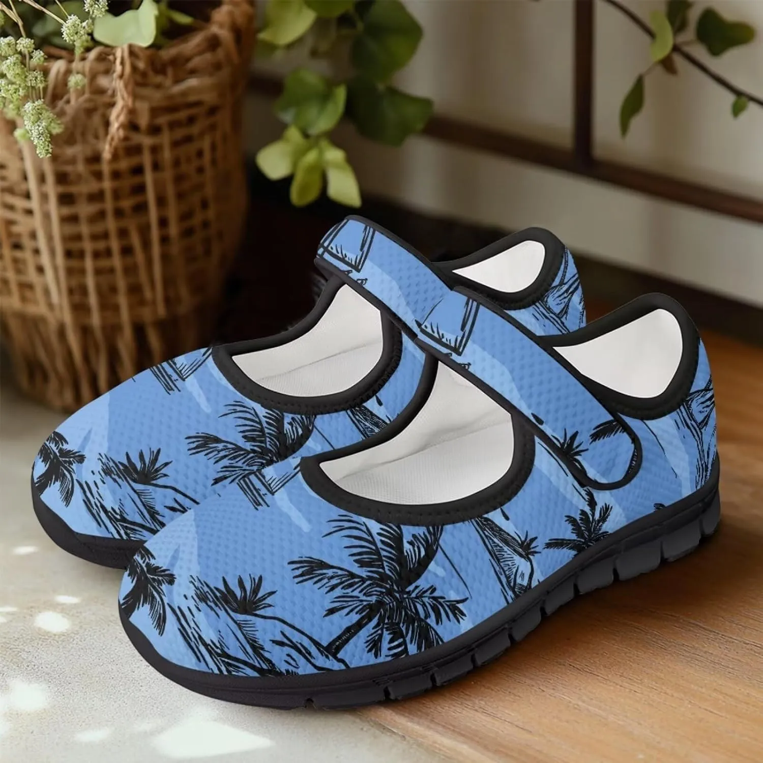 Howilath Hawaiian Tree Print Dress Shoes for Women Mary Jane Sneakers Casual Flats Shoes Ballet Flats Shoes with Magic Sticker
