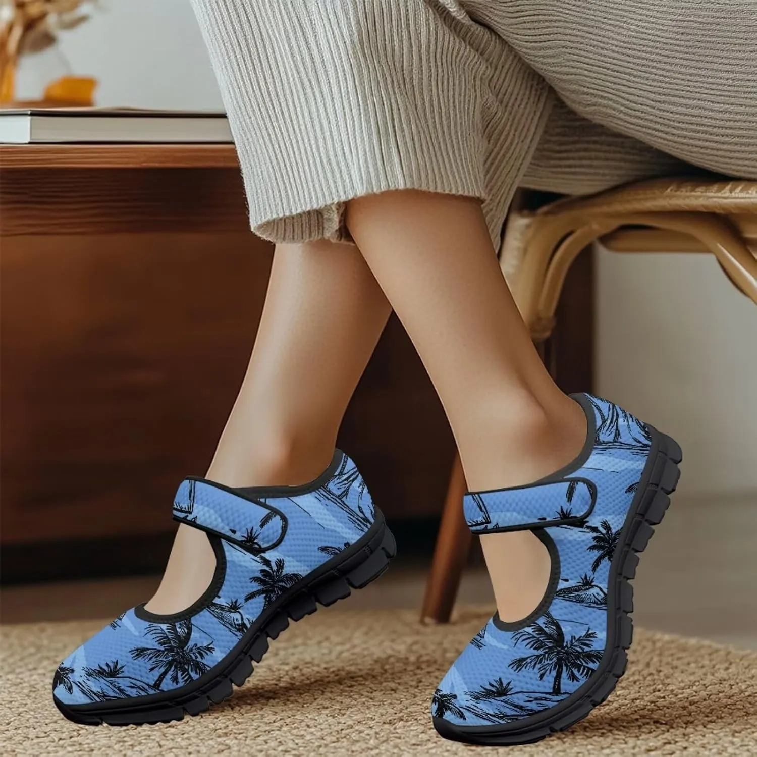 Howilath Hawaiian Tree Print Dress Shoes for Women Mary Jane Sneakers Casual Flats Shoes Ballet Flats Shoes with Magic Sticker