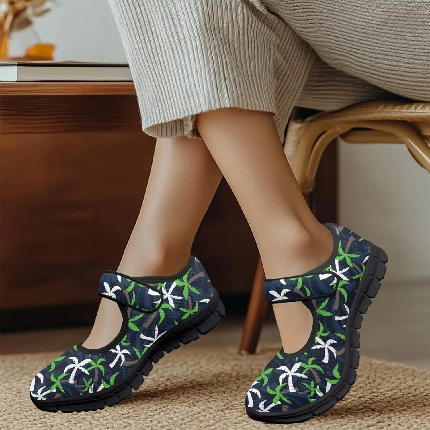 Howilath Hawaiian Tree Print Dress Shoes for Women Mary Jane Sneakers Casual Flats Shoes Ballet Flats Shoes with Magic Sticker