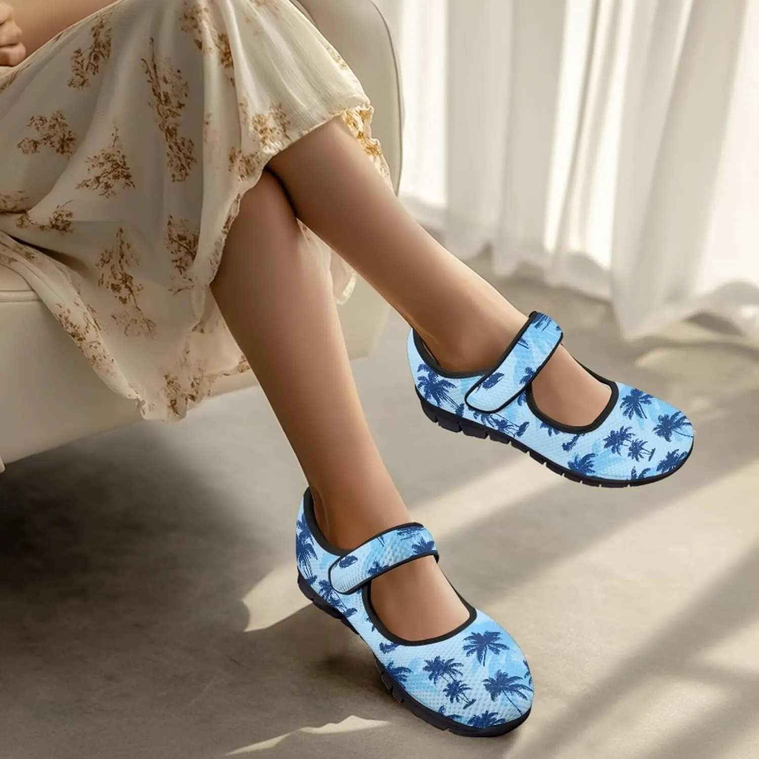 Howilath Hawaiian Tree Print Dress Shoes for Women Mary Jane Sneakers Casual Flats Shoes Ballet Flats Shoes with Magic Sticker