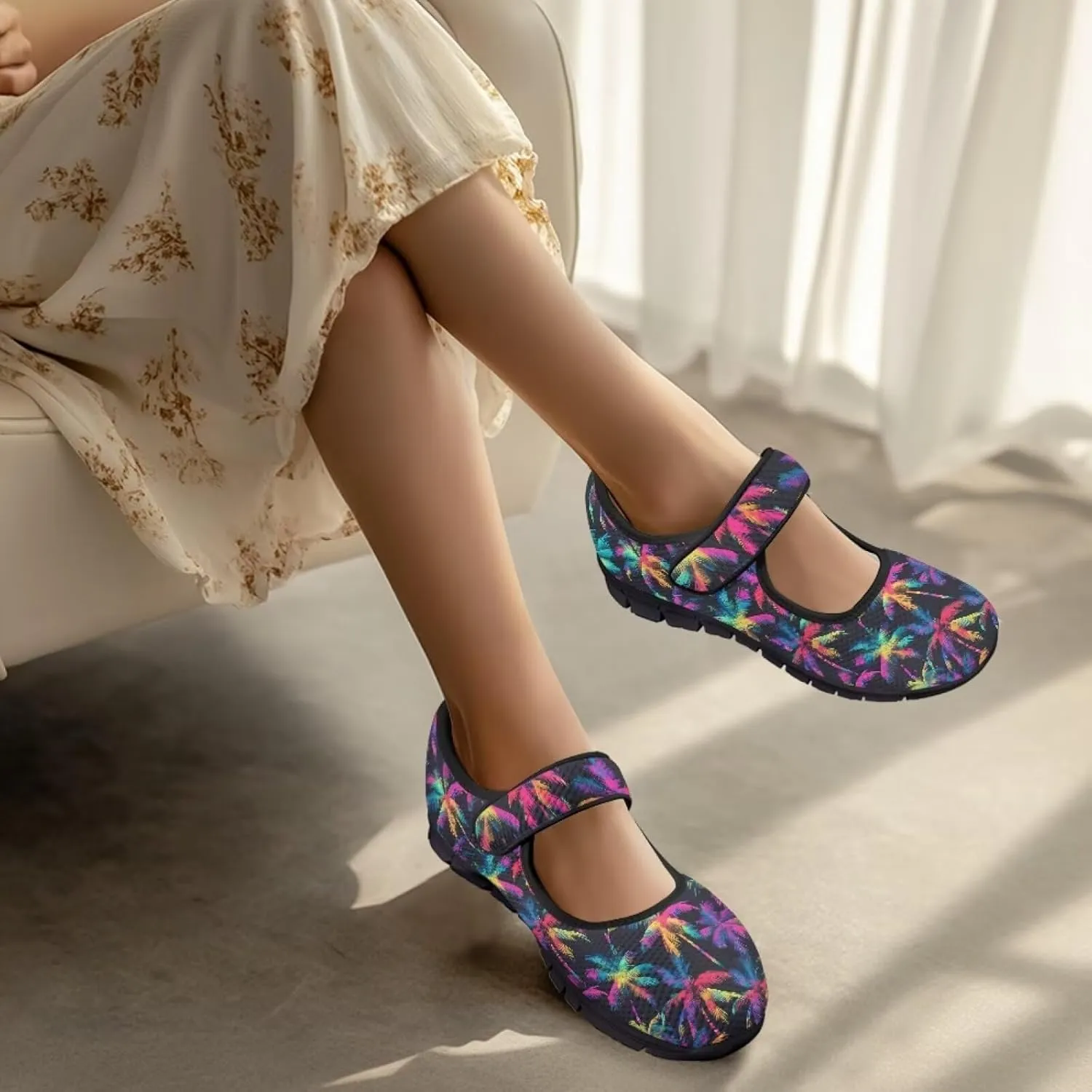 Howilath Hawaiian Tree Print Dress Shoes for Women Mary Jane Sneakers Casual Flats Shoes Ballet Flats Shoes with Magic Sticker