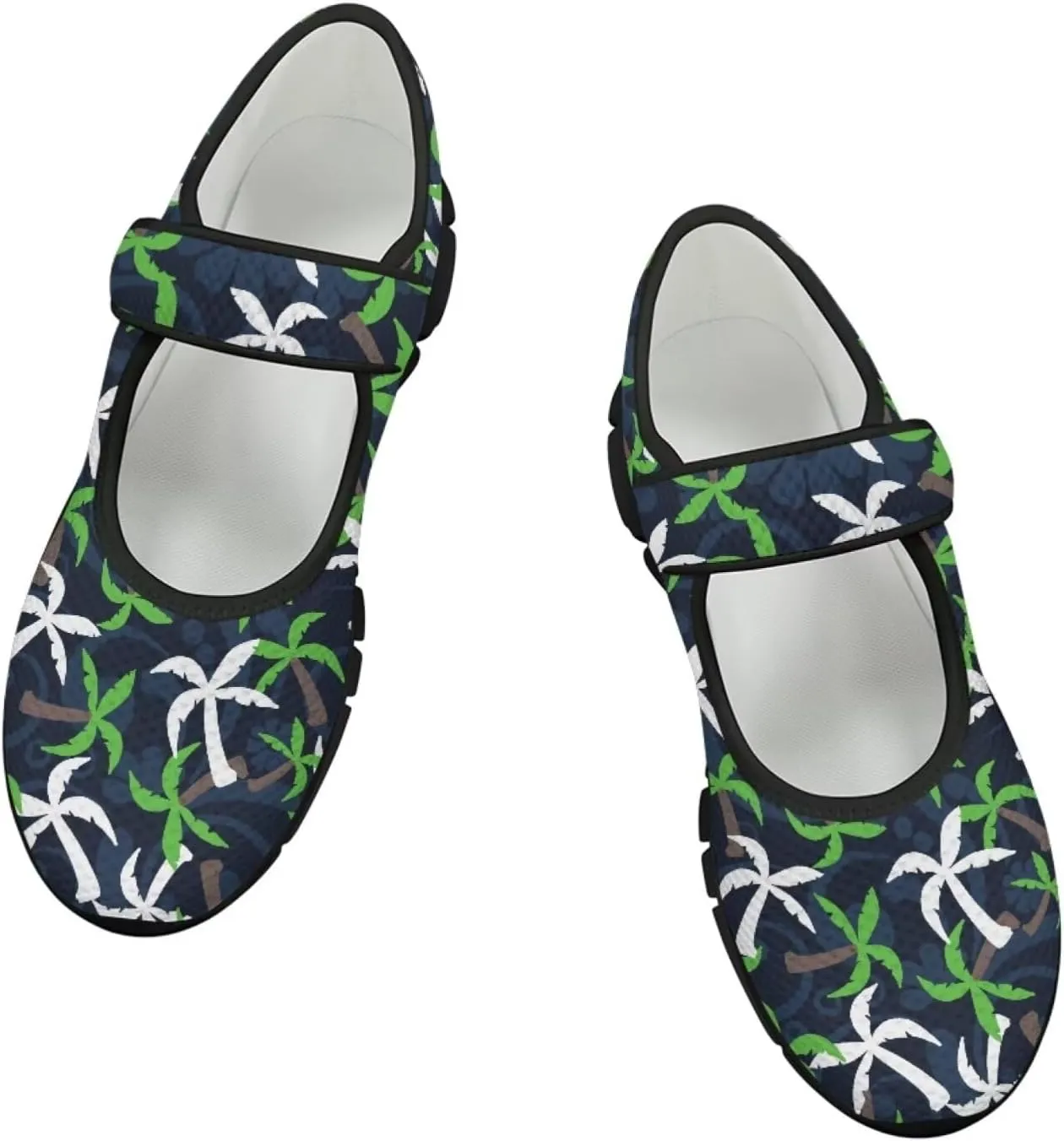 Howilath Hawaiian Tree Print Dress Shoes for Women Mary Jane Sneakers Casual Flats Shoes Ballet Flats Shoes with Magic Sticker