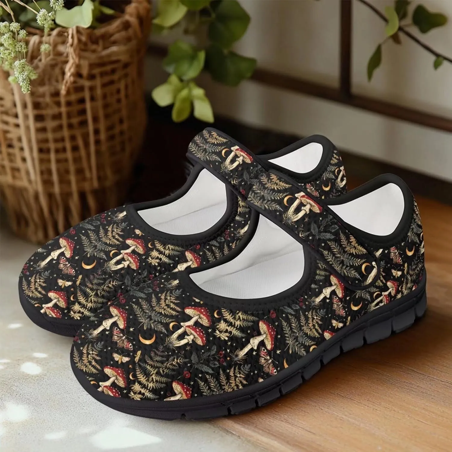 Howilath Mushroom Print Mary Jane Shoes Women Ballet Flats Mesh Casual Flats Shoes for Wedding Party Work