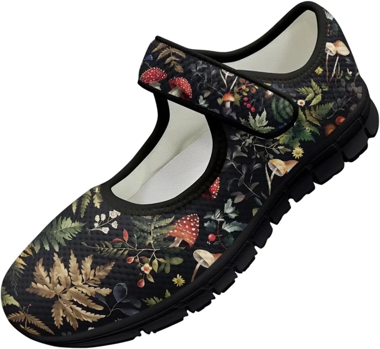 Howilath Mushroom Print Mary Jane Shoes Women Ballet Flats Mesh Casual Flats Shoes for Wedding Party Work