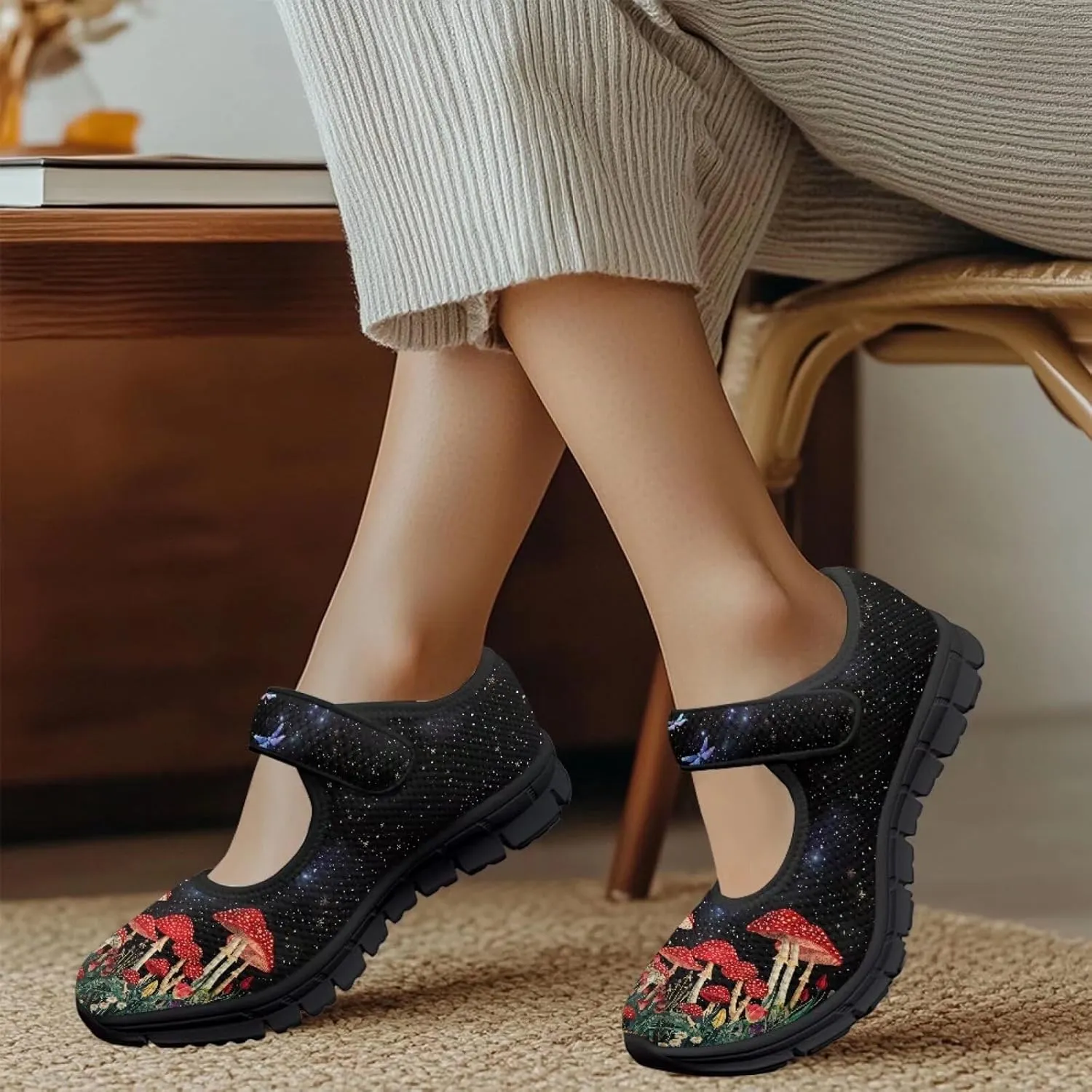 Howilath Mushroom Print Mary Jane Shoes Women Ballet Flats Mesh Casual Flats Shoes for Wedding Party Work