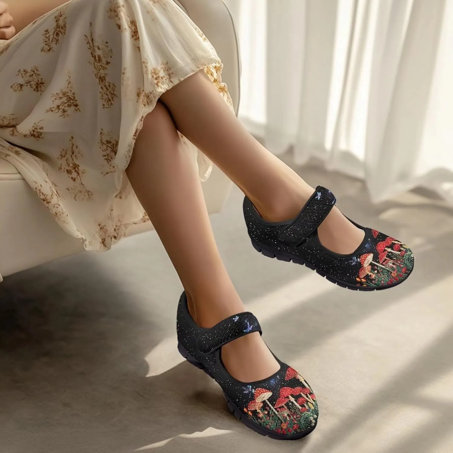 Howilath Mushroom Print Mary Jane Shoes Women Ballet Flats Mesh Casual Flats Shoes for Wedding Party Work