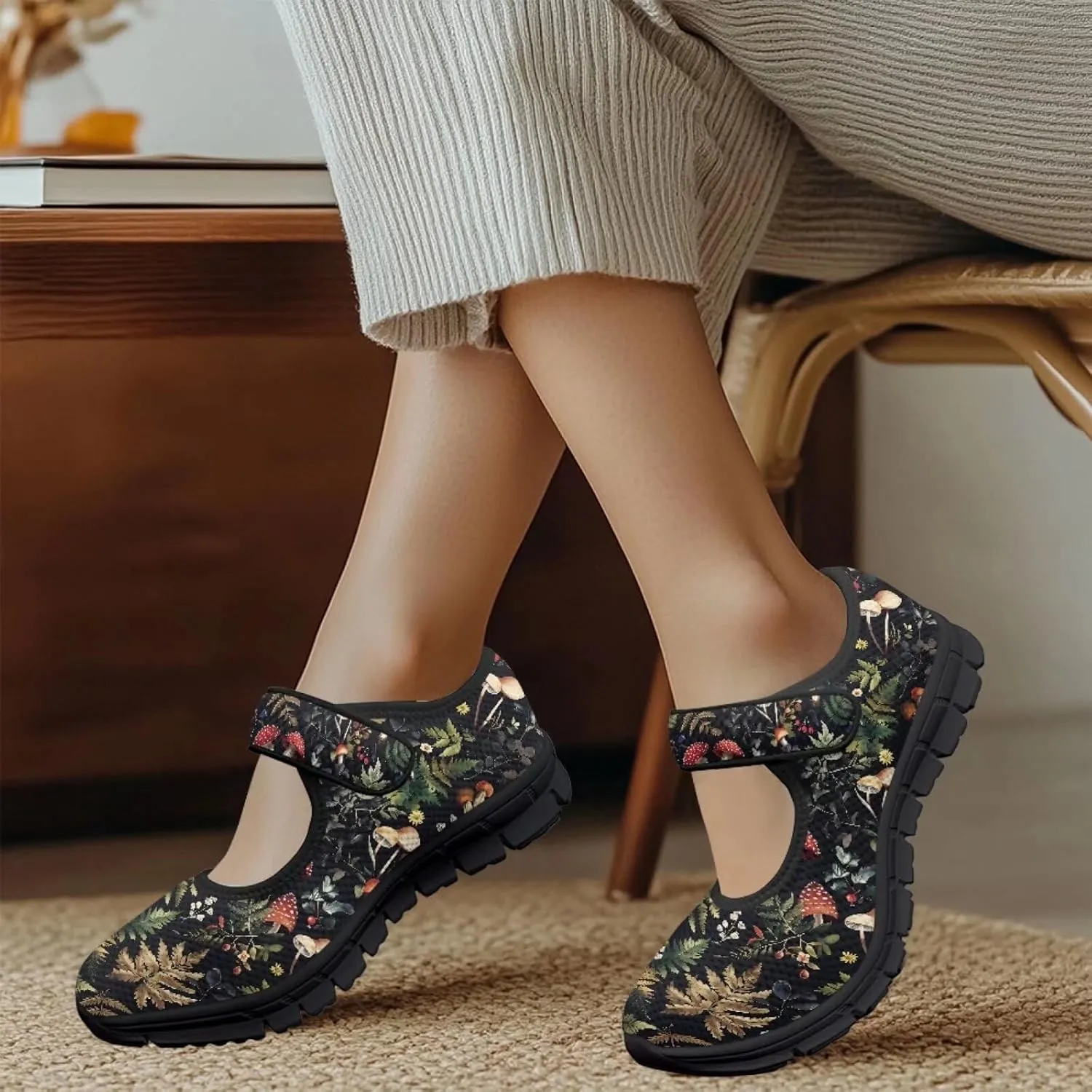 Howilath Mushroom Print Mary Jane Shoes Women Ballet Flats Mesh Casual Flats Shoes for Wedding Party Work