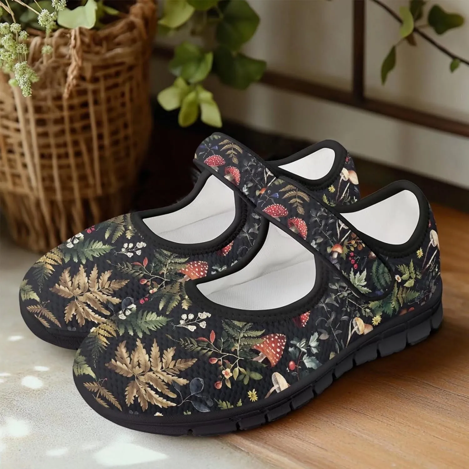 Howilath Mushroom Print Mary Jane Shoes Women Ballet Flats Mesh Casual Flats Shoes for Wedding Party Work