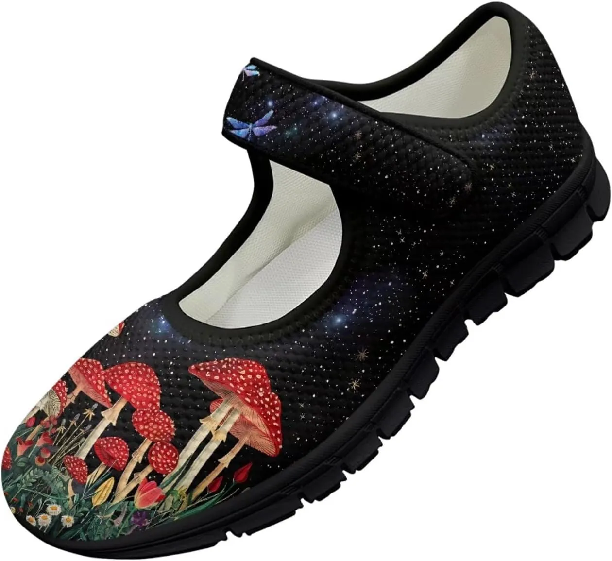 Howilath Mushroom Print Mary Jane Shoes Women Ballet Flats Mesh Casual Flats Shoes for Wedding Party Work
