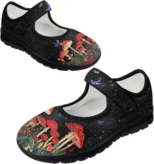 Howilath Mushroom Print Mary Jane Shoes Women Ballet Flats Mesh Casual Flats Shoes for Wedding Party Work
