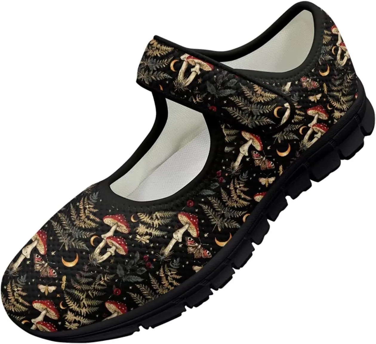 Howilath Mushroom Print Mary Jane Shoes Women Ballet Flats Mesh Casual Flats Shoes for Wedding Party Work