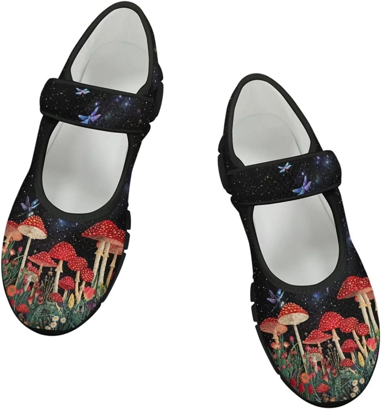 Howilath Mushroom Print Mary Jane Shoes Women Ballet Flats Mesh Casual Flats Shoes for Wedding Party Work