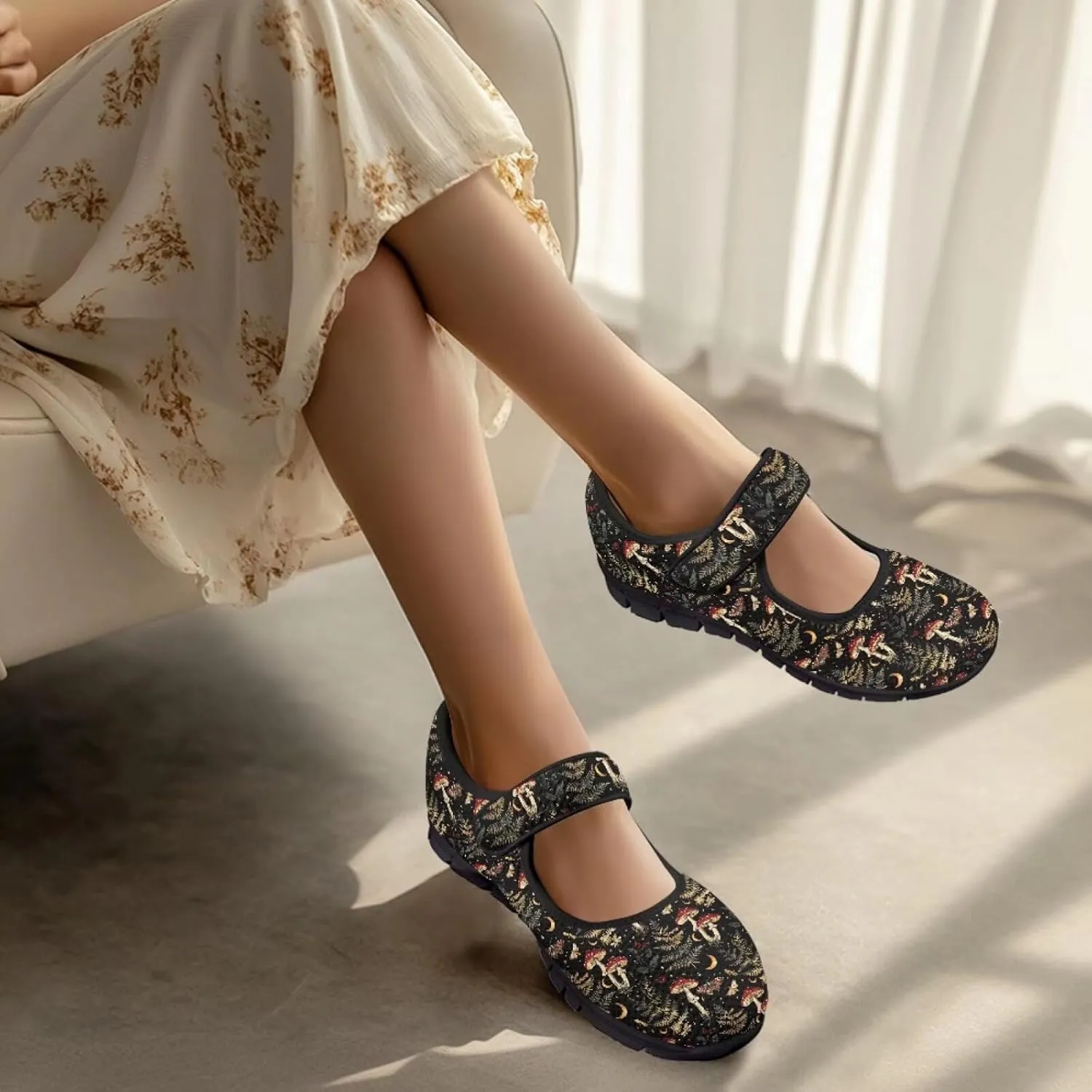 Howilath Mushroom Print Mary Jane Shoes Women Ballet Flats Mesh Casual Flats Shoes for Wedding Party Work