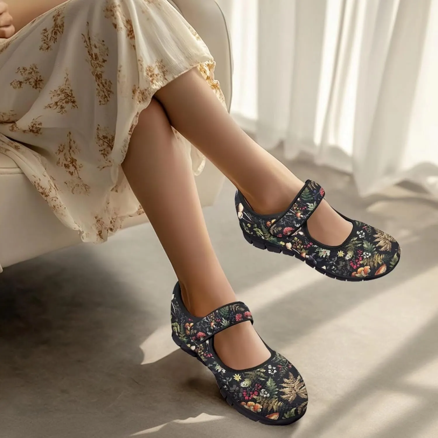 Howilath Mushroom Print Mary Jane Shoes Women Ballet Flats Mesh Casual Flats Shoes for Wedding Party Work