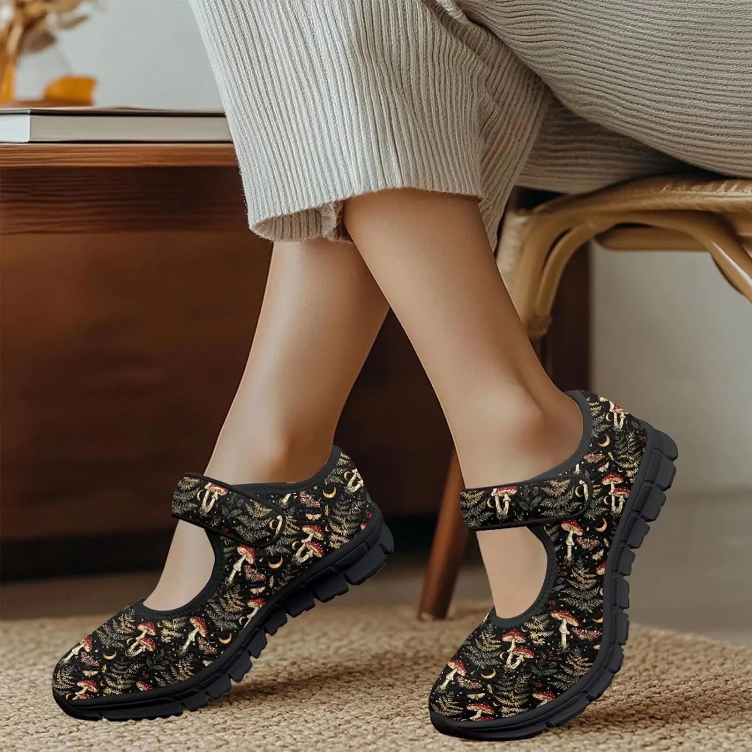 Howilath Mushroom Print Mary Jane Shoes Women Ballet Flats Mesh Casual Flats Shoes for Wedding Party Work