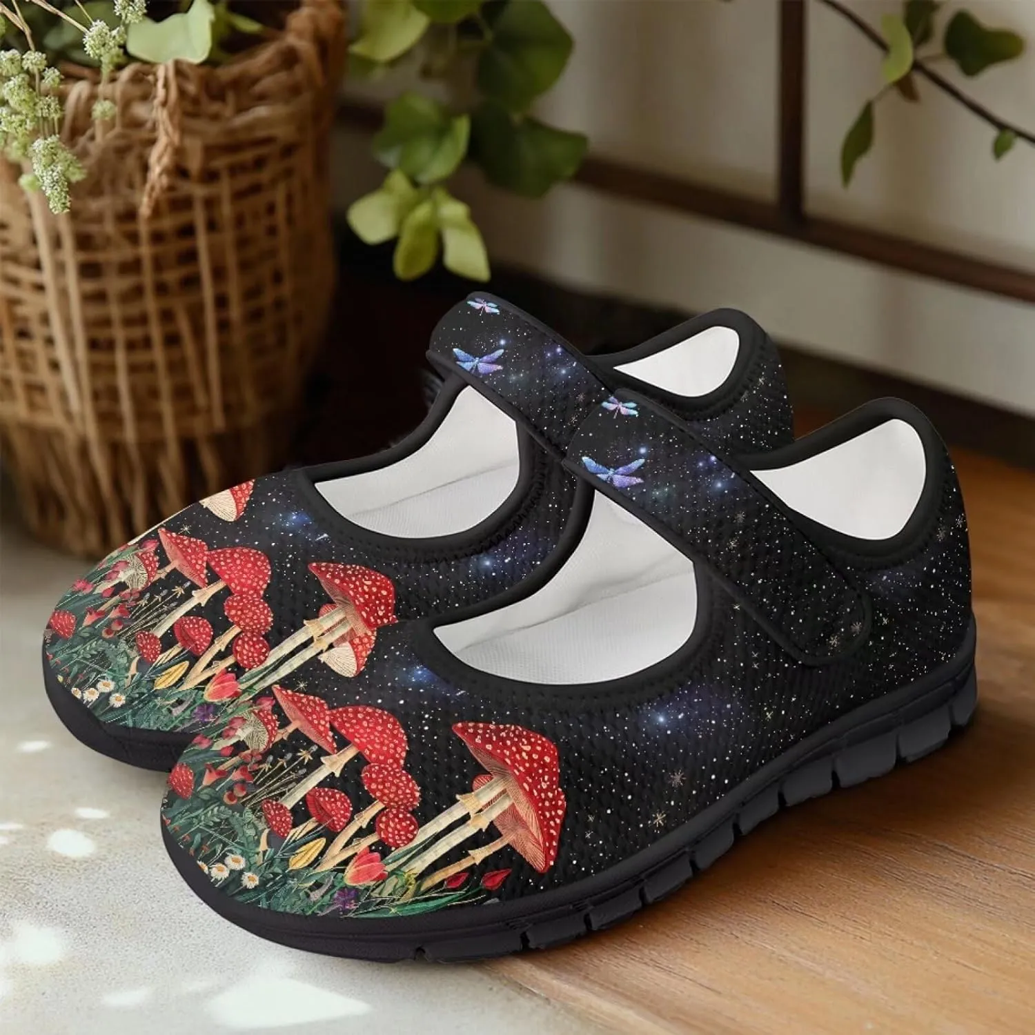 Howilath Mushroom Print Mary Jane Shoes Women Ballet Flats Mesh Casual Flats Shoes for Wedding Party Work