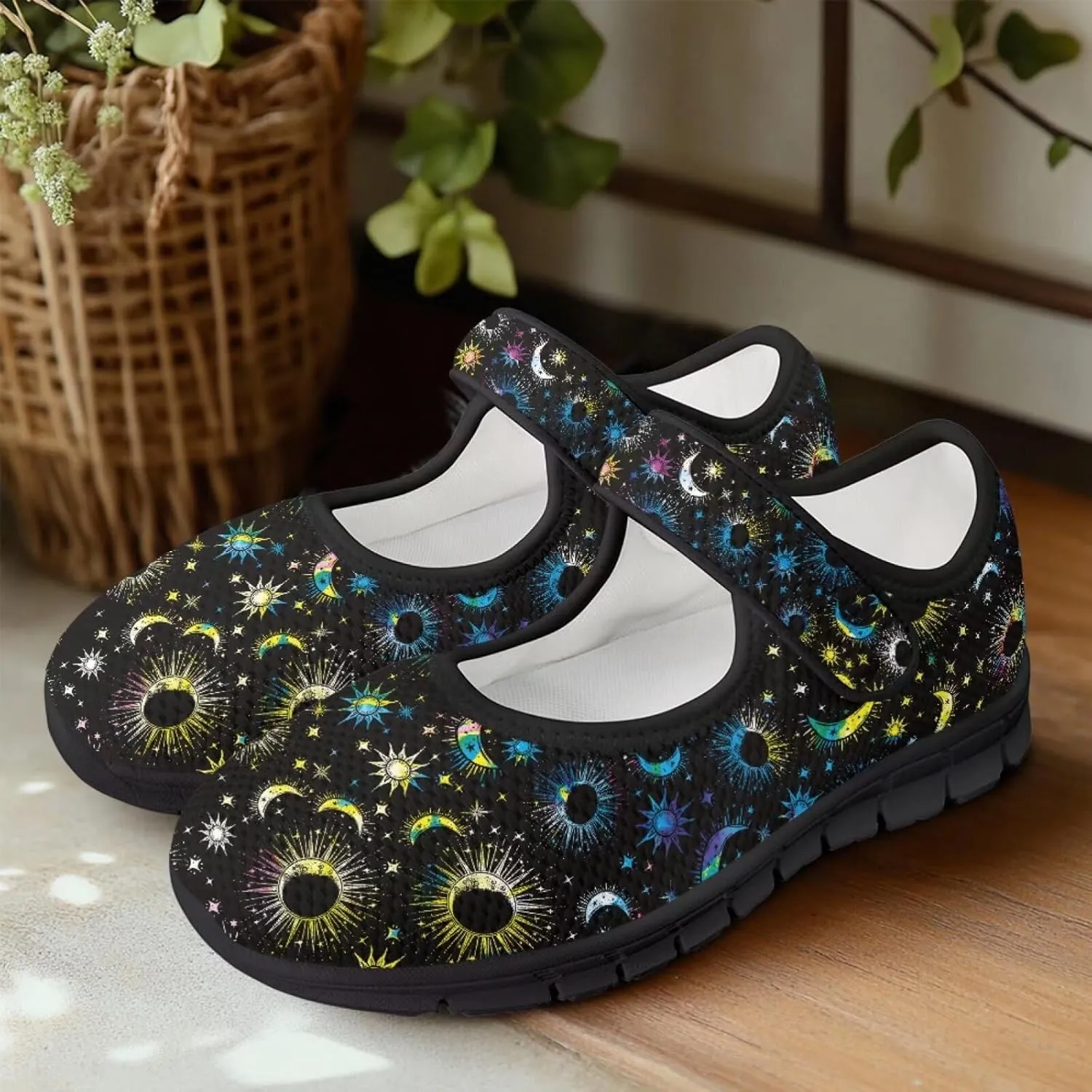 Howilath Universe Galaxy Print Women's Ballet Flats Round Toe Mary Janes Dress Shoes Single Buckle Flats Shoes