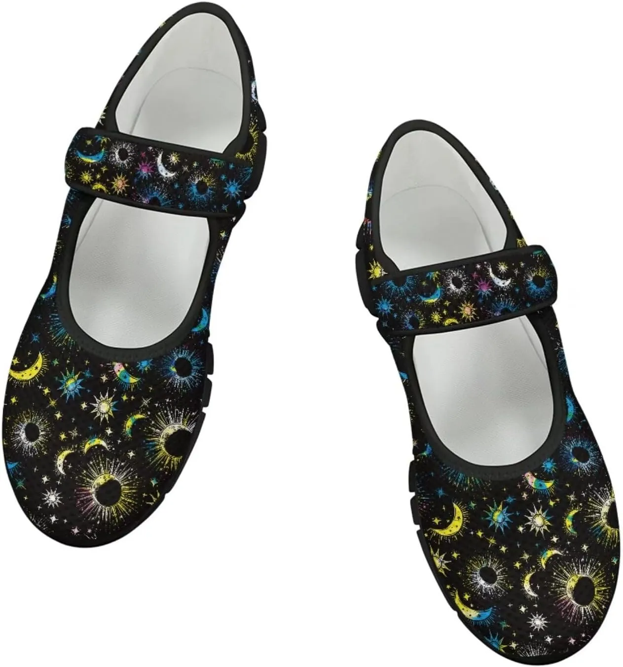 Howilath Universe Galaxy Print Women's Ballet Flats Round Toe Mary Janes Dress Shoes Single Buckle Flats Shoes