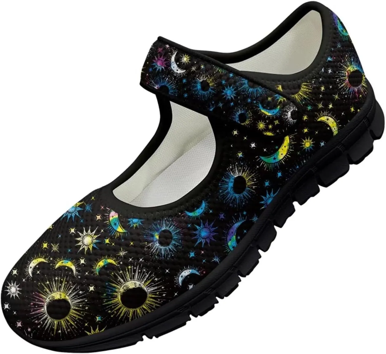 Howilath Universe Galaxy Print Women's Ballet Flats Round Toe Mary Janes Dress Shoes Single Buckle Flats Shoes