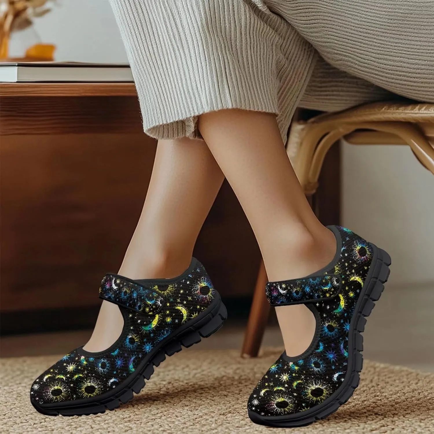 Howilath Universe Galaxy Print Women's Ballet Flats Round Toe Mary Janes Dress Shoes Single Buckle Flats Shoes