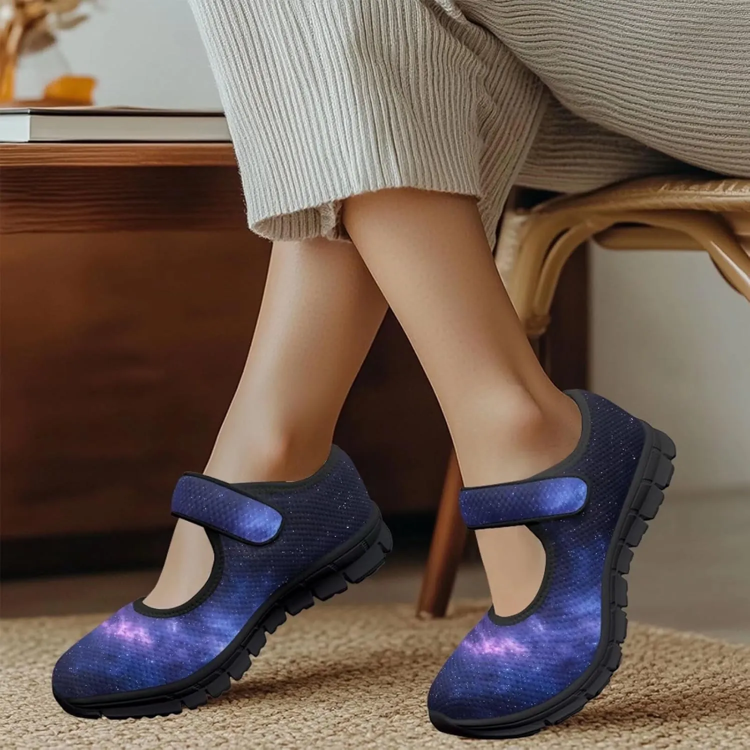 Howilath Universe Galaxy Print Women's Ballet Flats Round Toe Mary Janes Dress Shoes Single Buckle Flats Shoes