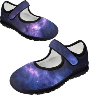 Howilath Universe Galaxy Print Women's Ballet Flats Round Toe Mary Janes Dress Shoes Single Buckle Flats Shoes