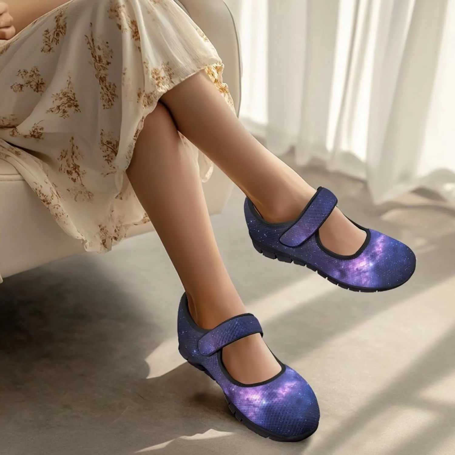 Howilath Universe Galaxy Print Women's Ballet Flats Round Toe Mary Janes Dress Shoes Single Buckle Flats Shoes