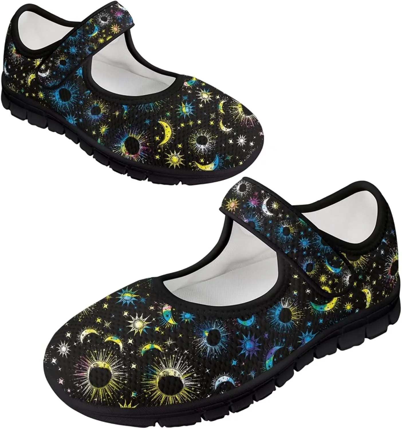 Howilath Universe Galaxy Print Women's Ballet Flats Round Toe Mary Janes Dress Shoes Single Buckle Flats Shoes