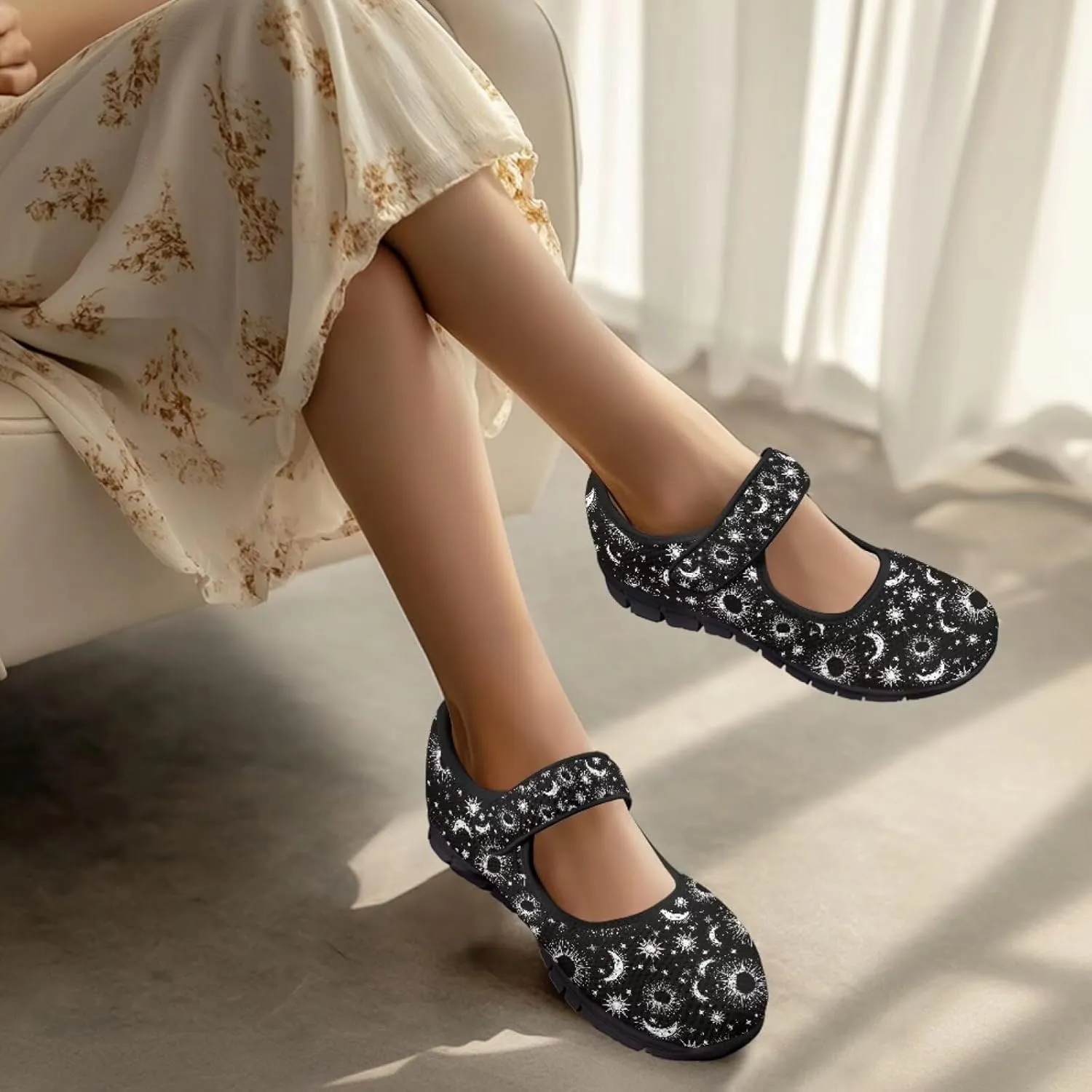 Howilath Universe Galaxy Print Women's Ballet Flats Round Toe Mary Janes Dress Shoes Single Buckle Flats Shoes