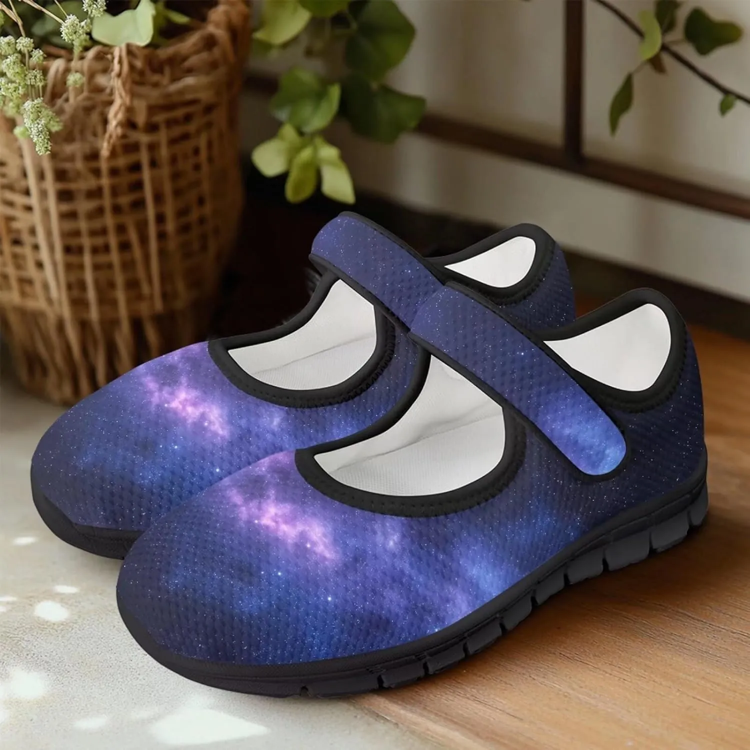 Howilath Universe Galaxy Print Women's Ballet Flats Round Toe Mary Janes Dress Shoes Single Buckle Flats Shoes