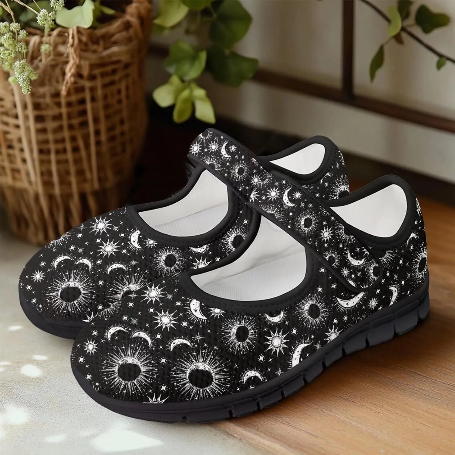 Howilath Universe Galaxy Print Women's Ballet Flats Round Toe Mary Janes Dress Shoes Single Buckle Flats Shoes