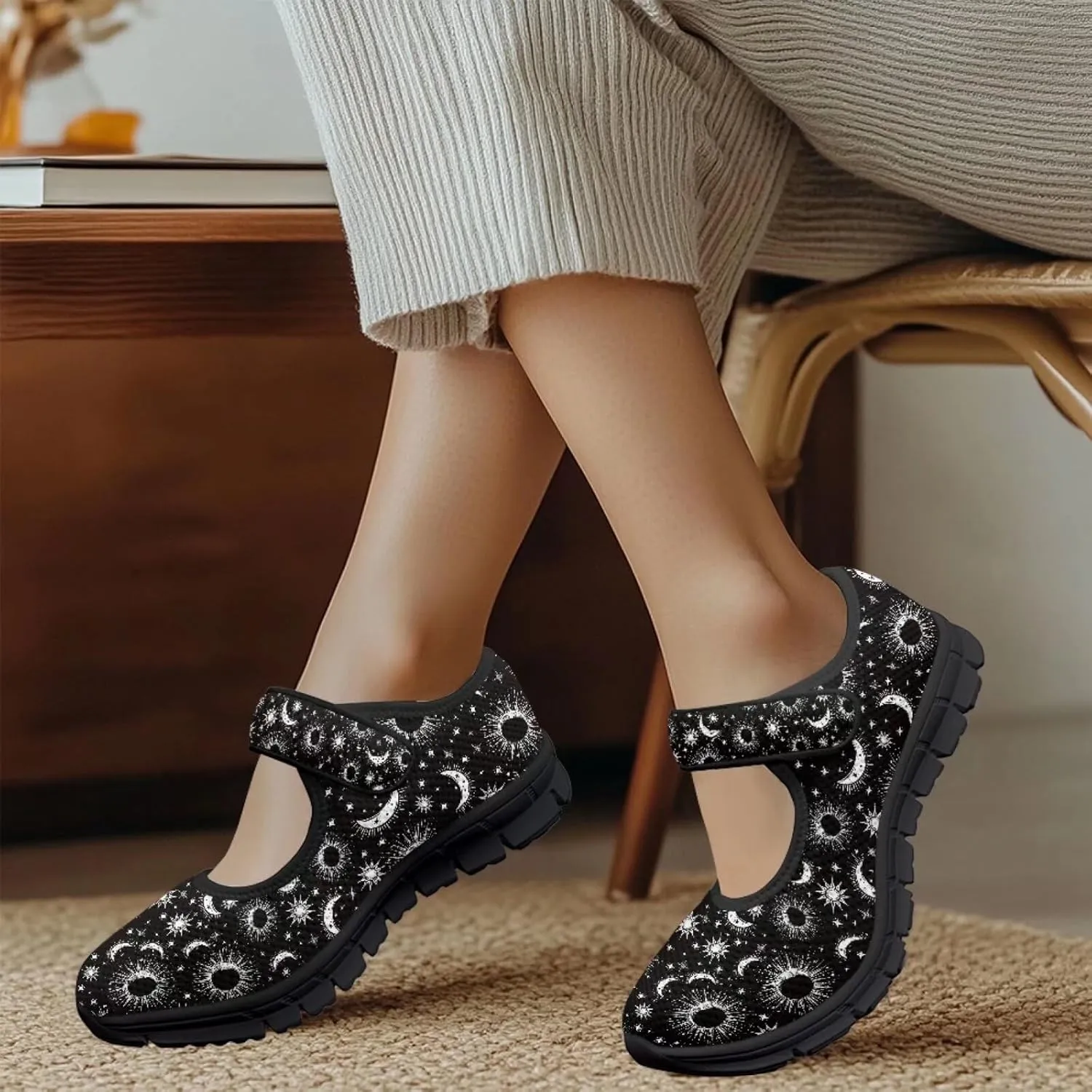 Howilath Universe Galaxy Print Women's Ballet Flats Round Toe Mary Janes Dress Shoes Single Buckle Flats Shoes