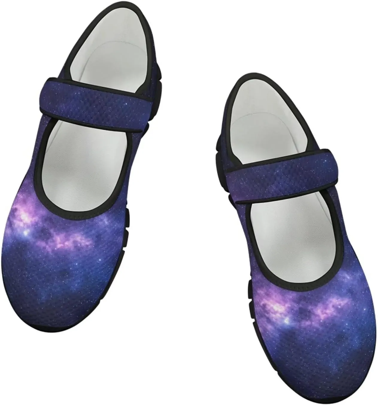 Howilath Universe Galaxy Print Women's Ballet Flats Round Toe Mary Janes Dress Shoes Single Buckle Flats Shoes