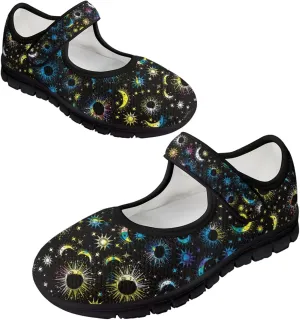 Howilath Universe Galaxy Print Women's Ballet Flats Round Toe Mary Janes Dress Shoes Single Buckle Flats Shoes