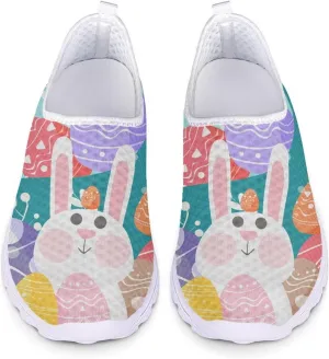 HUIACONG Easter Rabbit Egg Women Slip on Sneakers Colorful Flats Teen Girls Mesh Running Shoes Size 8 Ladies Fashion Trainers for Tennis Outdoor Gym Footwear