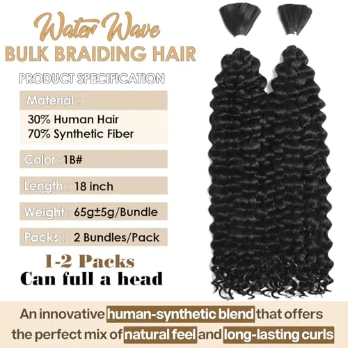 Human Braiding Hair Mixed Synthetic Braiding Hair for Boho Braids 2Bundles 130g Water Wave Bulk Human Hair for Braiding No Weft Hair Extensions Wet and Wavy Braiding Hair 18inch(1B)