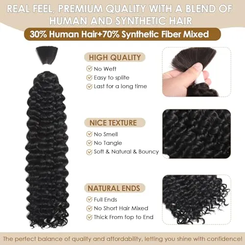 Human Braiding Hair Mixed Synthetic Braiding Hair for Boho Braids 2Bundles 130g Water Wave Bulk Human Hair for Braiding No Weft Hair Extensions Wet and Wavy Braiding Hair 18inch(1B)