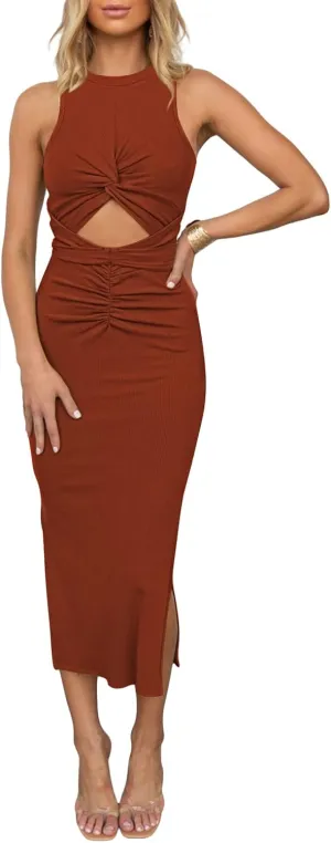 HUUSA Women's Sexy Sleeveless Cut Out Slim Bodycon Dress Crewneck Crisscross Twist Ruched Slit Ribbed Knit Tank Midi Dress