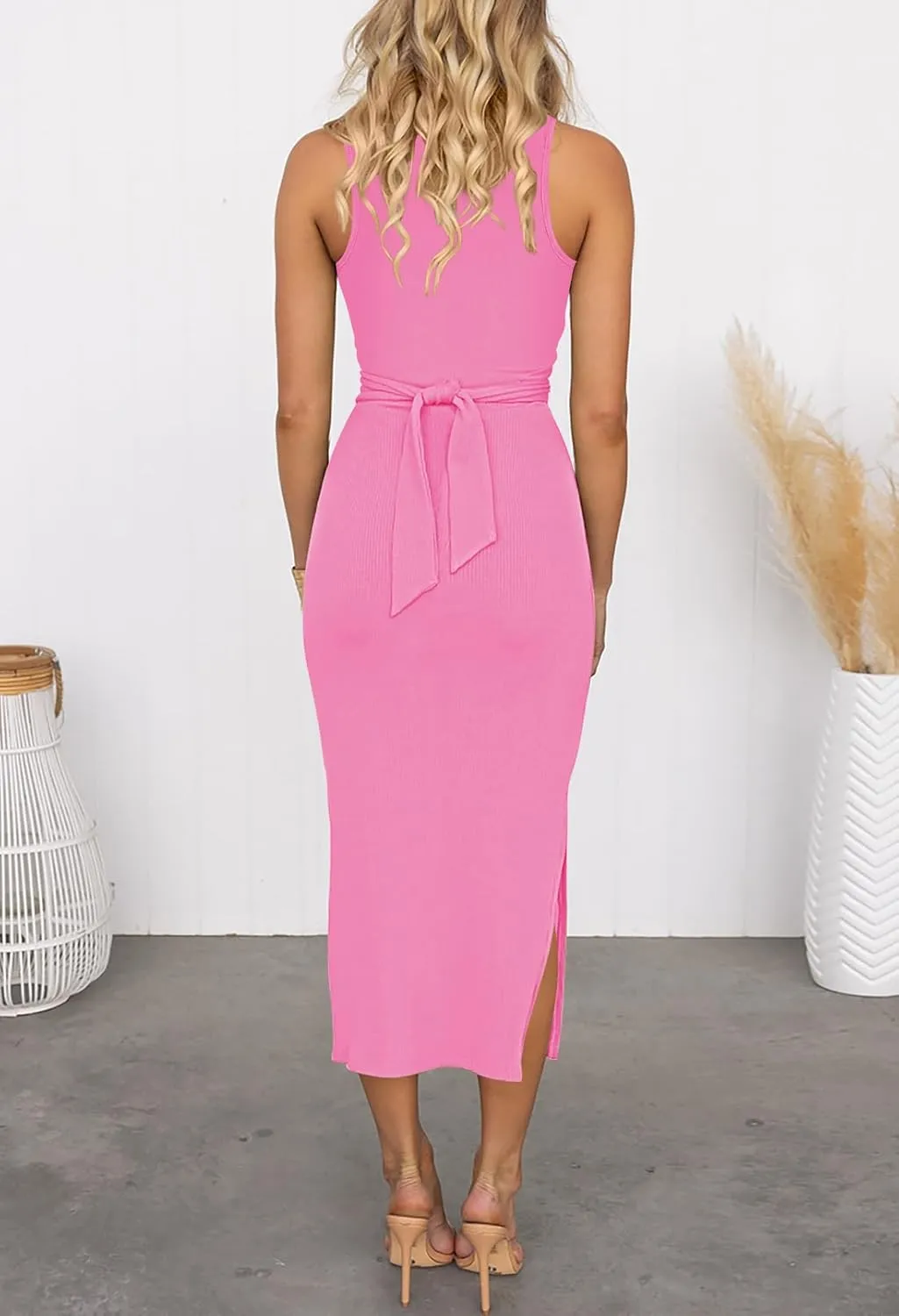 HUUSA Women's Sexy Sleeveless Cut Out Slim Bodycon Dress Crewneck Crisscross Twist Ruched Slit Ribbed Knit Tank Midi Dress