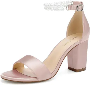 Hyinlays Pearl Wedding Shoes for Bride Satin Block Heels Open Toe Chunky Bridal Shoes Sandals