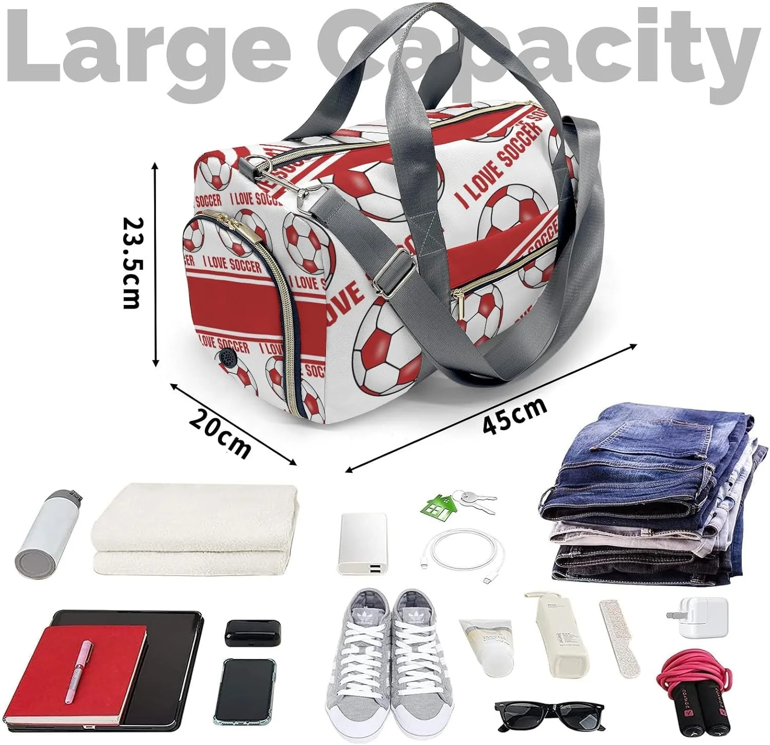 I Love Soccer Fire Brick Gym Bag for Women, Travel Duffle Bag Carry On Weekender Bag with Shoe Compartment