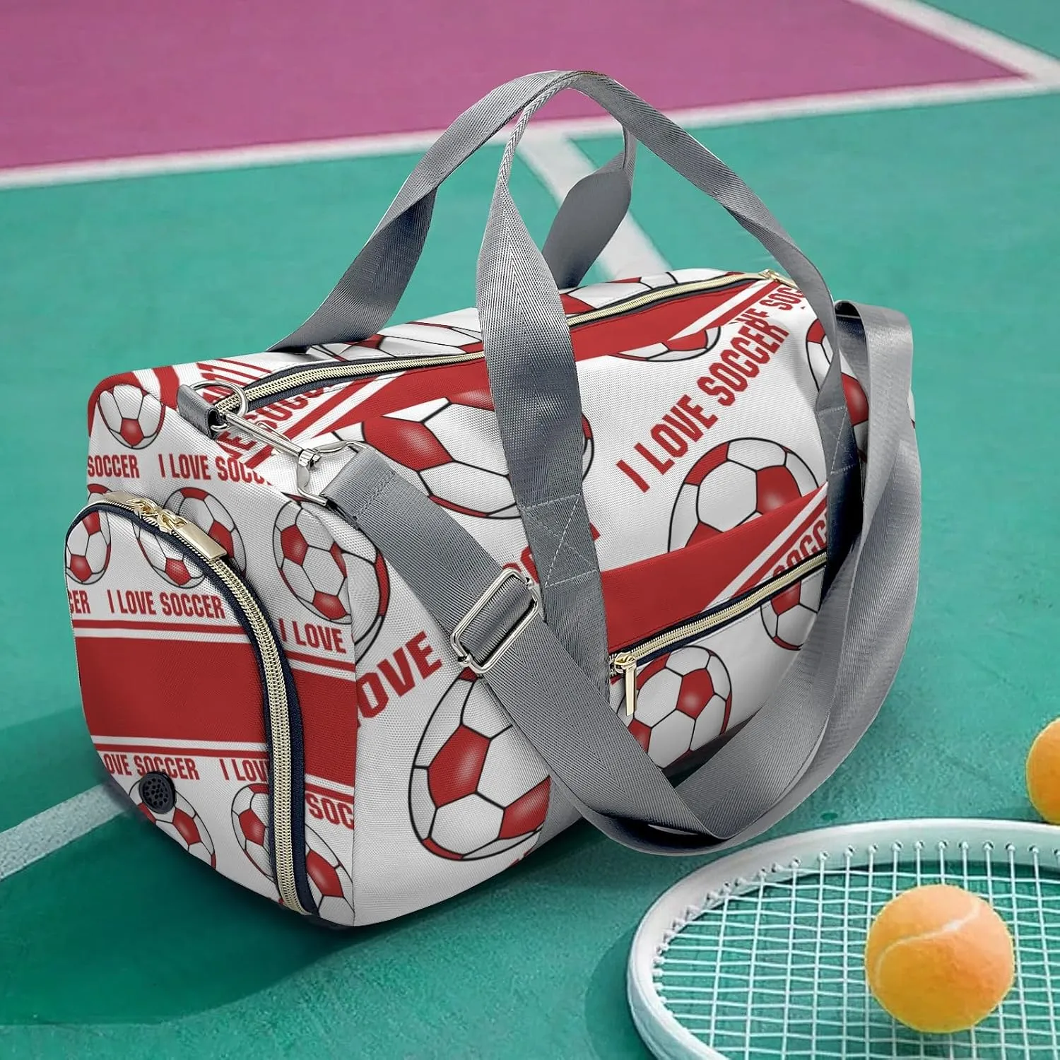 I Love Soccer Fire Brick Gym Bag for Women, Travel Duffle Bag Carry On Weekender Bag with Shoe Compartment