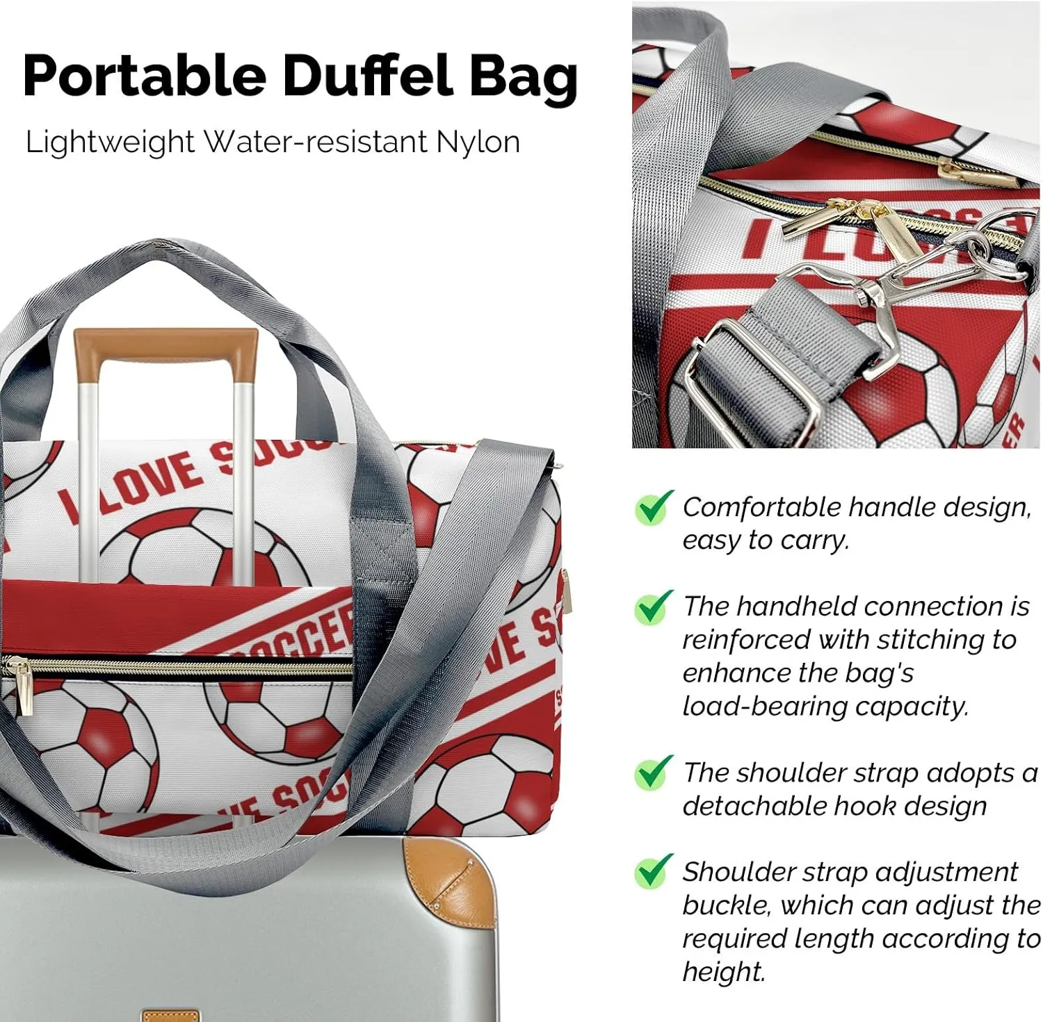 I Love Soccer Fire Brick Gym Bag for Women, Travel Duffle Bag Carry On Weekender Bag with Shoe Compartment
