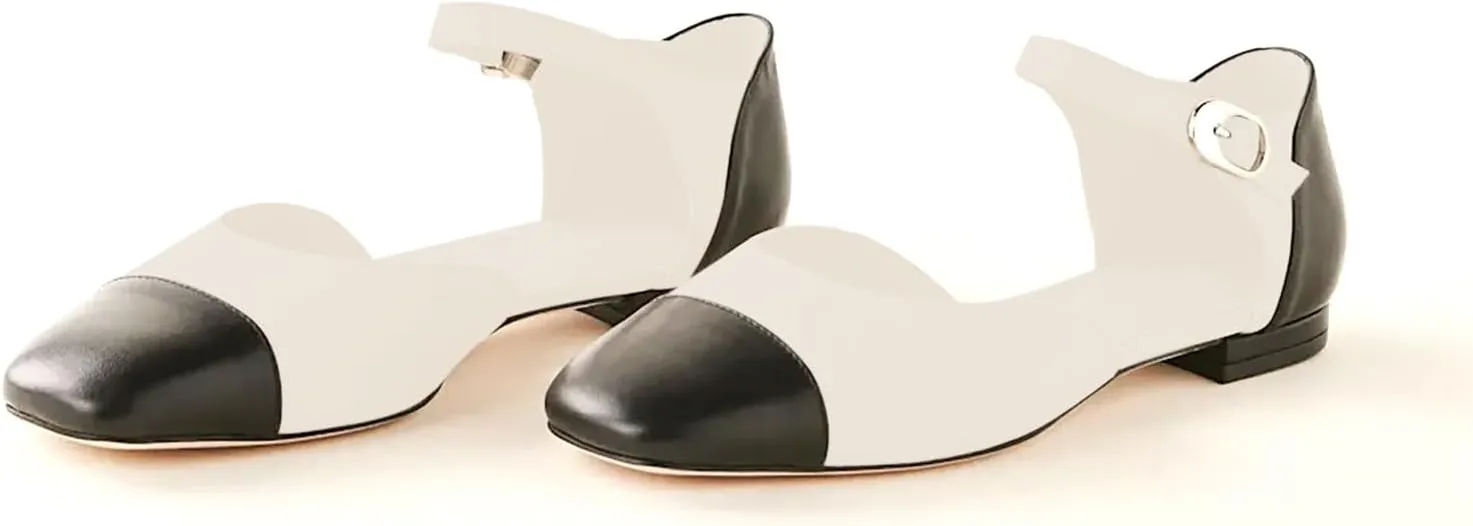 iadore Women's D'Orsay Flats Closed Square Toe Ankle Strap Flat Shoes Cap Toe Comfortable Casual Ballet Flats Splicing Pumps for Women