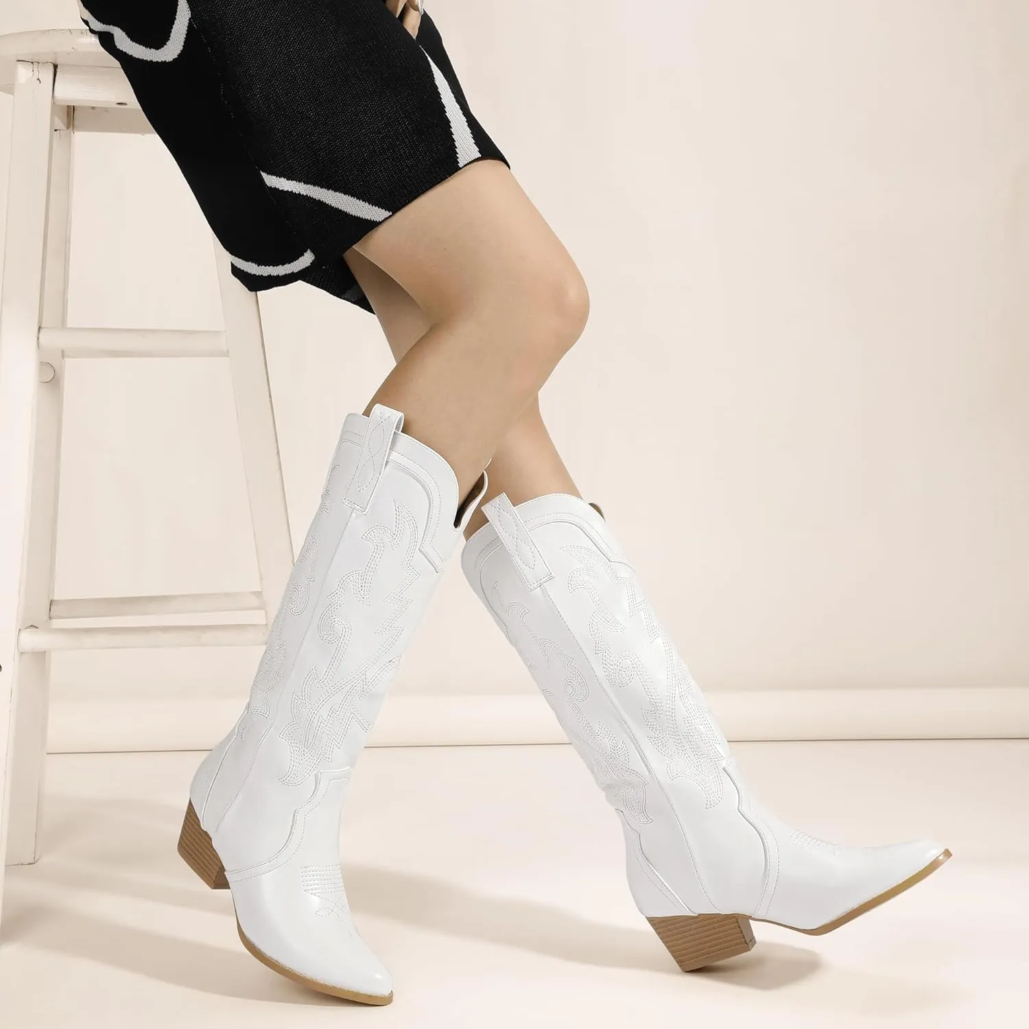 IDIFU IN2 Cowboy Boots For Women Cowgirl Knee High Western Tall Boots Chunky Low Pointed Toe Heel Boots Fashion Booties for Women Embroidered Wedding Country Concert Boots