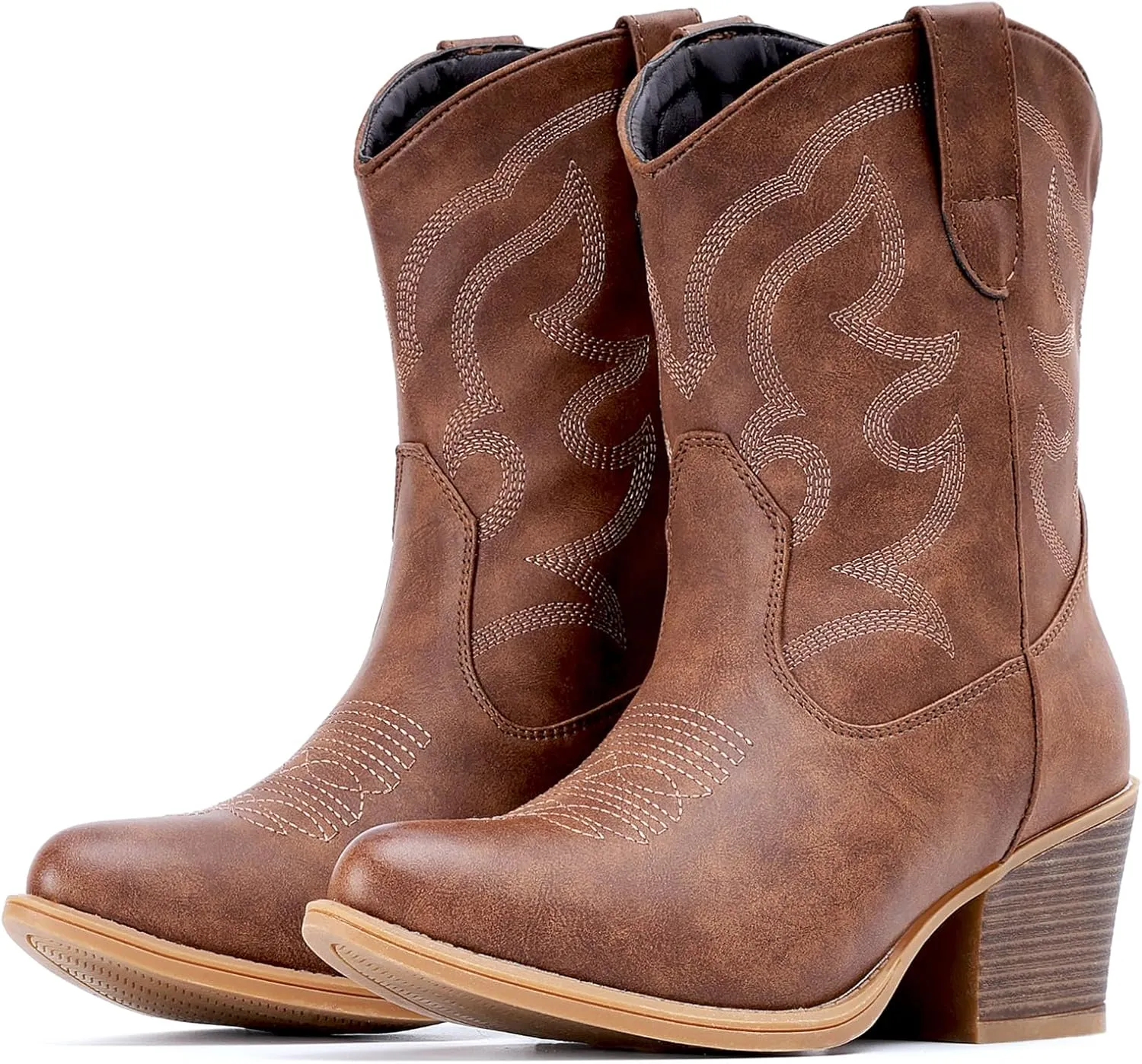 IXU Cowboy Boots for Women Suede Ankle Western Cowgirl Boots Mid Calf Pointed Toe Short Chunky Classic Booties