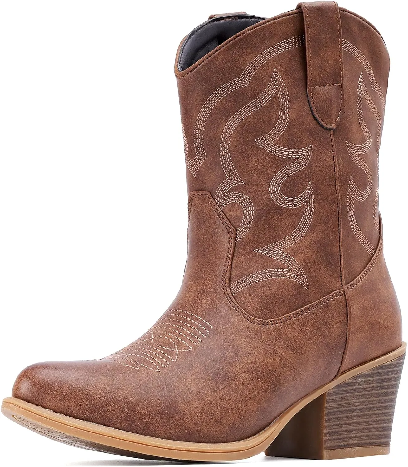 IXU Cowboy Boots for Women Suede Ankle Western Cowgirl Boots Mid Calf Pointed Toe Short Chunky Classic Booties