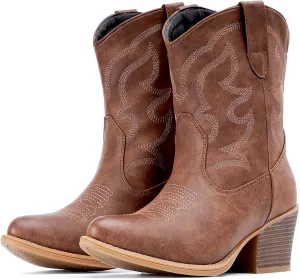 IXU Cowboy Boots for Women Suede Ankle Western Cowgirl Boots Mid Calf Pointed Toe Short Chunky Classic Booties