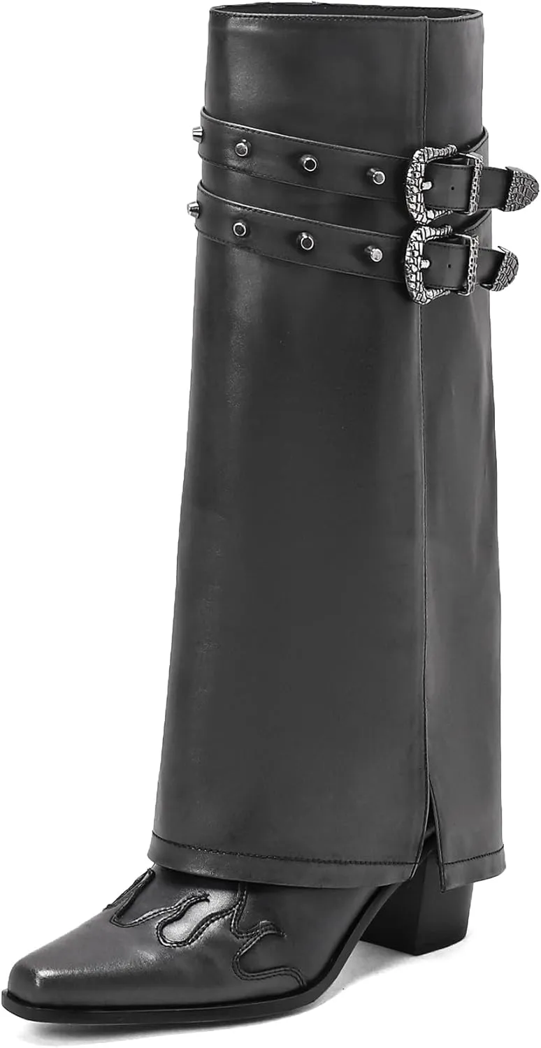 JANSEVEN Fold Over Boots for Women Overlay Knee High Boot Chunky Block Mid Heel Pull On Tall Boots Foldover Wide calf Boots